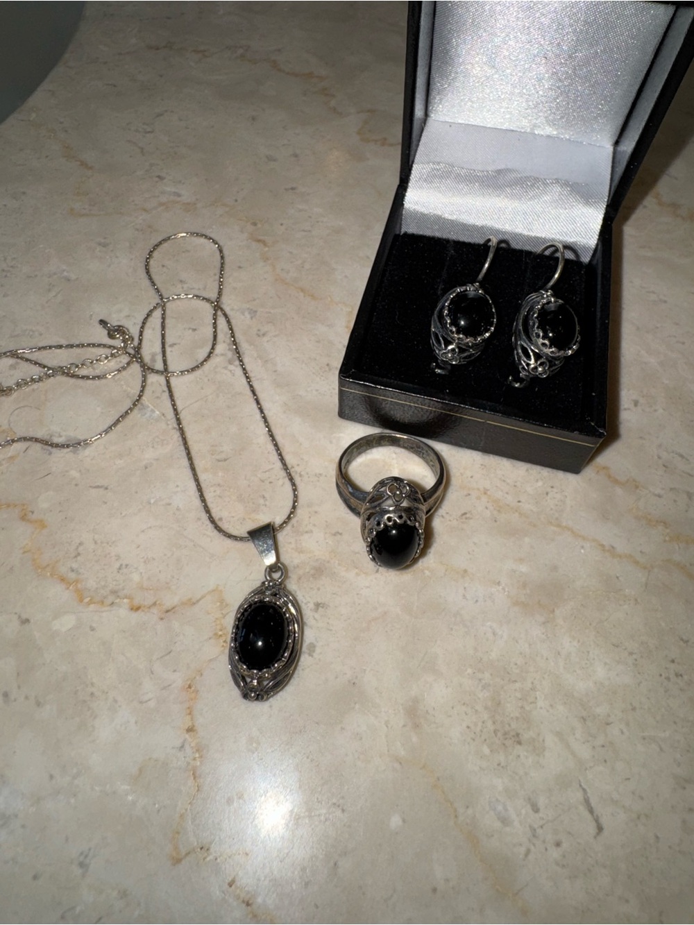 Sterling Silver Black Onyx Pendant, Ring & Earrings Jewelry Set